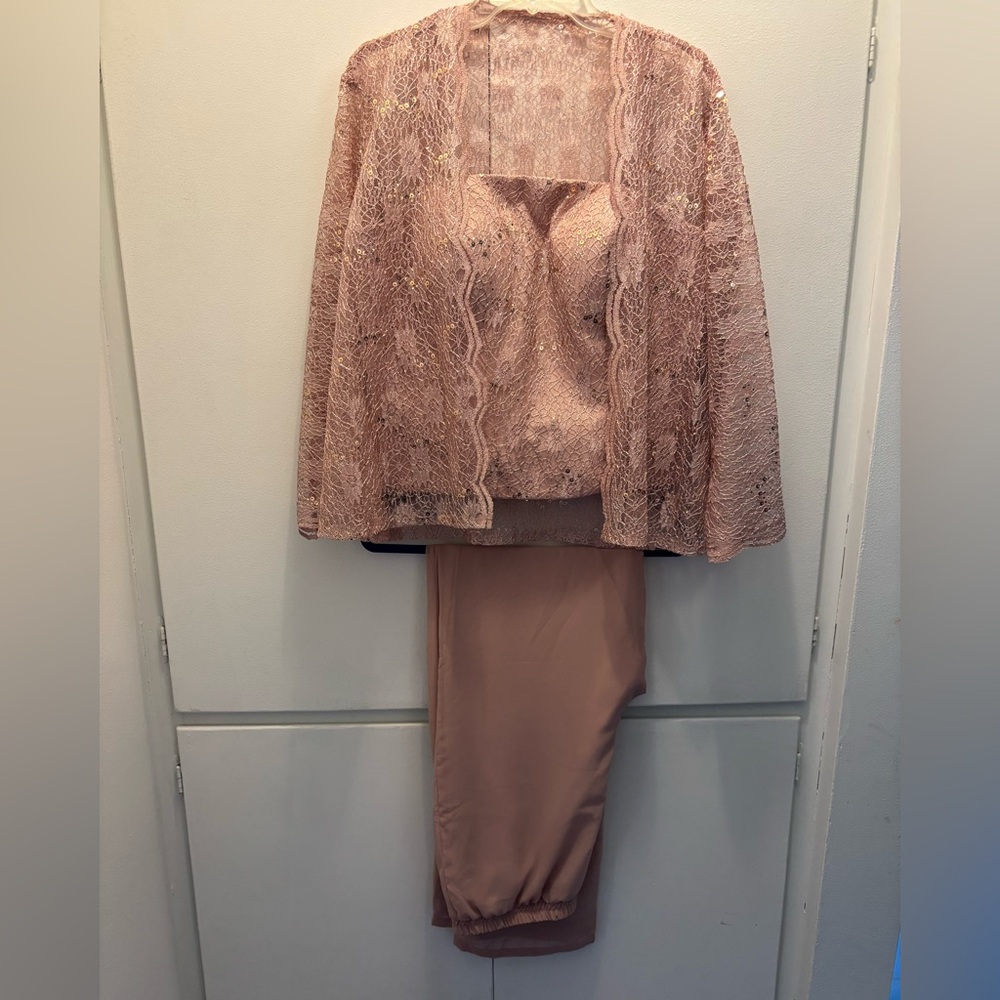 Women's Lace Dark Pink Wedding Dress 3 Pc pants, Lace bodice & matching Coat 2XL